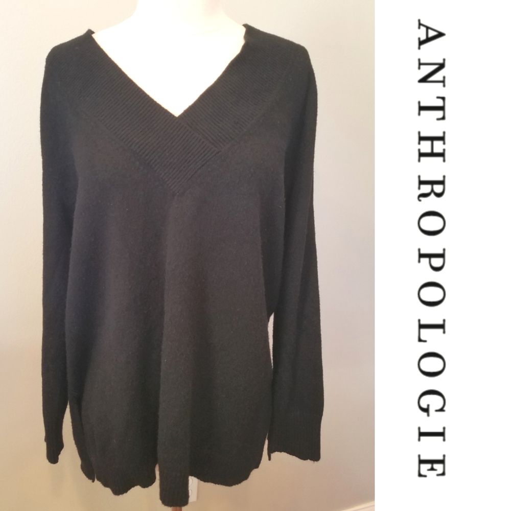 Anthropolgie Black V Neck Sweater sz L - Picture 1 of 16